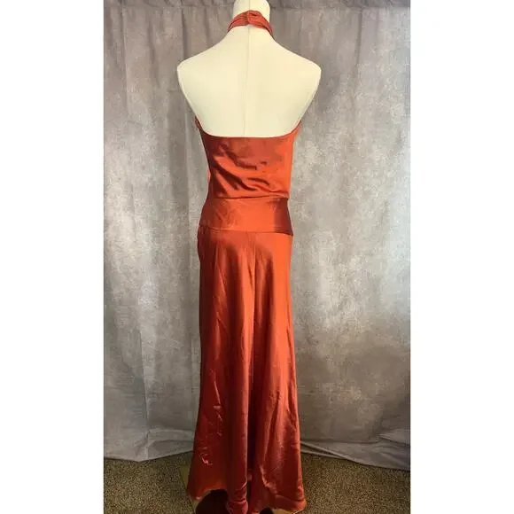 ABS  Formal Halter Keyhole Gown Satin-Style Rust Prom Gala Dress - Picture 5 of 11